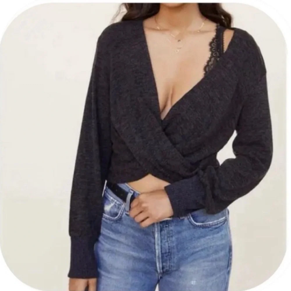 Anthropologie Charcoal Gray Wrap Crop Lightweight Sweater Top, Large